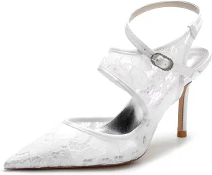 Lace-Embellished Bridal Shoes for Women - Pointed Toe Stiletto Heels with Adjustable Ankle Strap, Wedding Ceremony Pumps for Bride, Reception, Prom