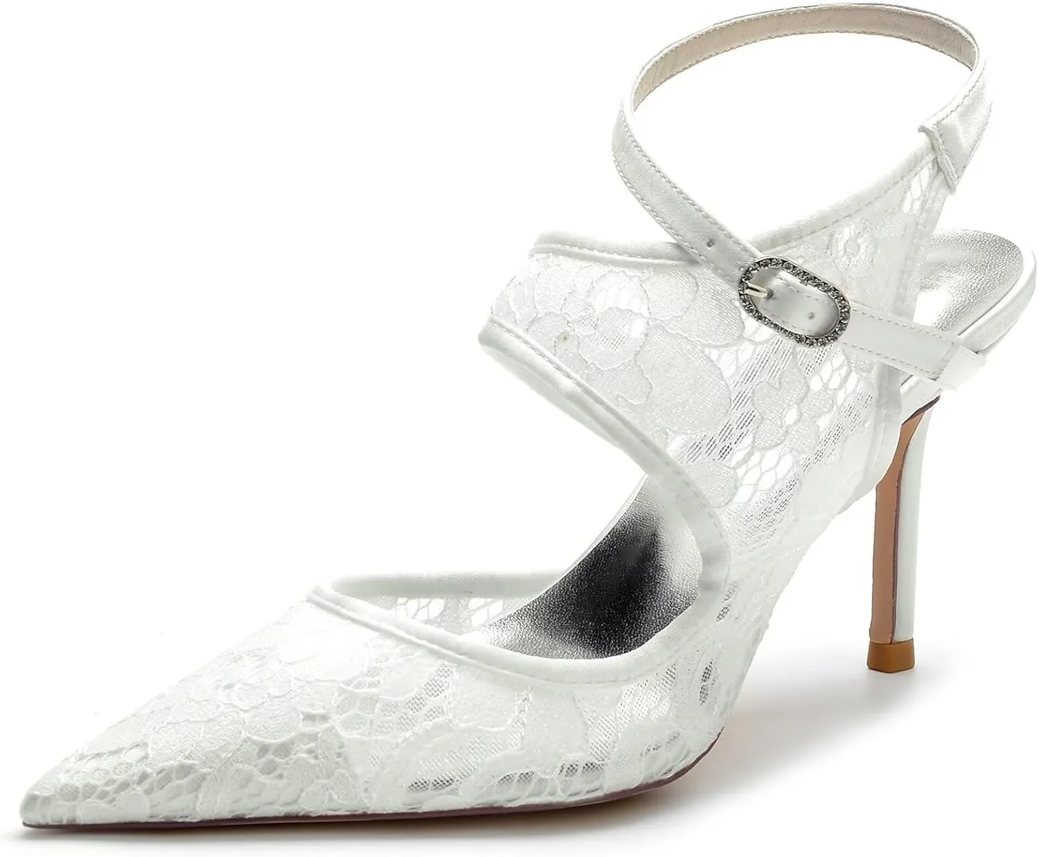Lace-Embellished Bridal Shoes for Women - Pointed Toe Stiletto Heels with Adjustable Ankle Strap, Wedding Ceremony Pumps for Bride, Reception, Prom