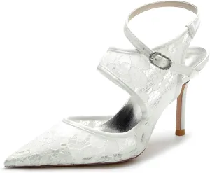Lace-Embellished Bridal Shoes for Women - Pointed Toe Stiletto Heels with Adjustable Ankle Strap, Wedding Ceremony Pumps for Bride, Reception, Prom