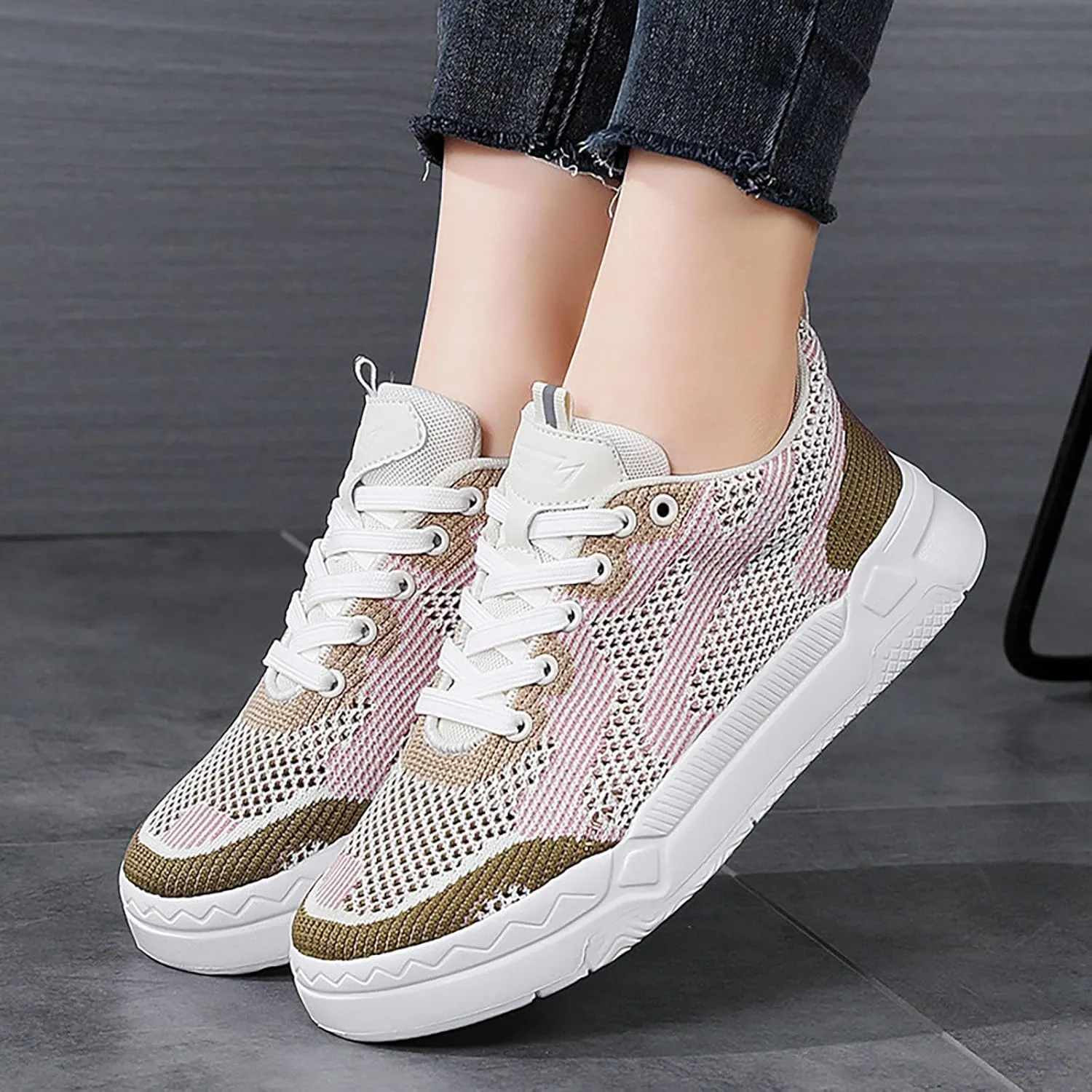 Ladies Fashion Solid Color Mesh Breathable Round Toe Lace Up Low Top Flat Womens Campus Shoes