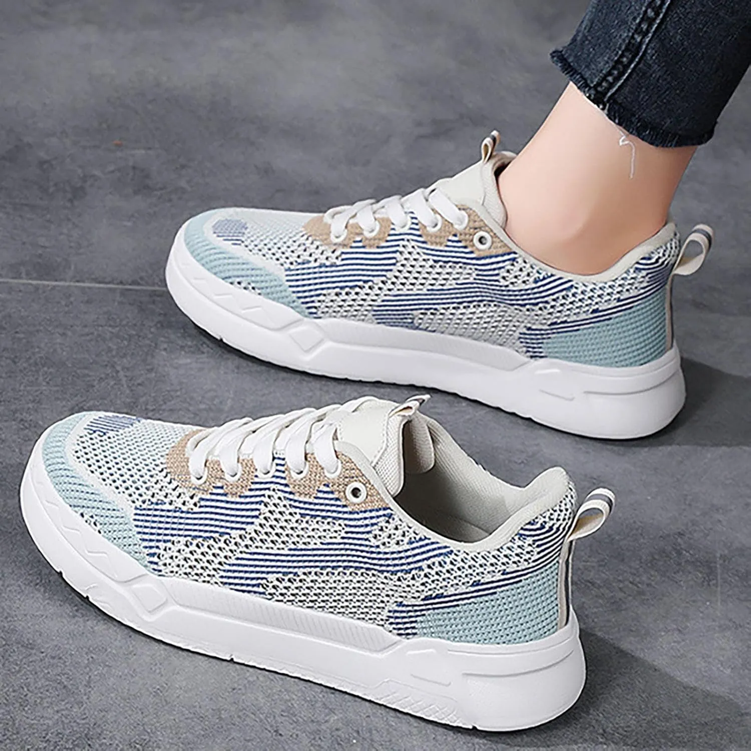 Ladies Fashion Solid Color Mesh Breathable Round Toe Lace Up Low Top Flat Womens Campus Shoes