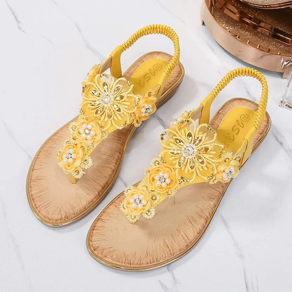 Lady Pearl Flower Sandals for Women Flip Flops Summer Beach Sandals Elegant Clip Toe Sandals Comfy Shoes (Yellow, 8)
