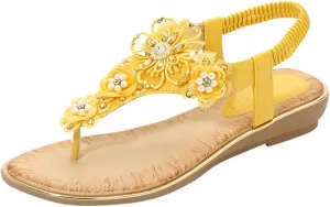 Lady Pearl Flower Sandals for Women Flip Flops Summer Beach Sandals Elegant Clip Toe Sandals Comfy Shoes (Yellow, 8)