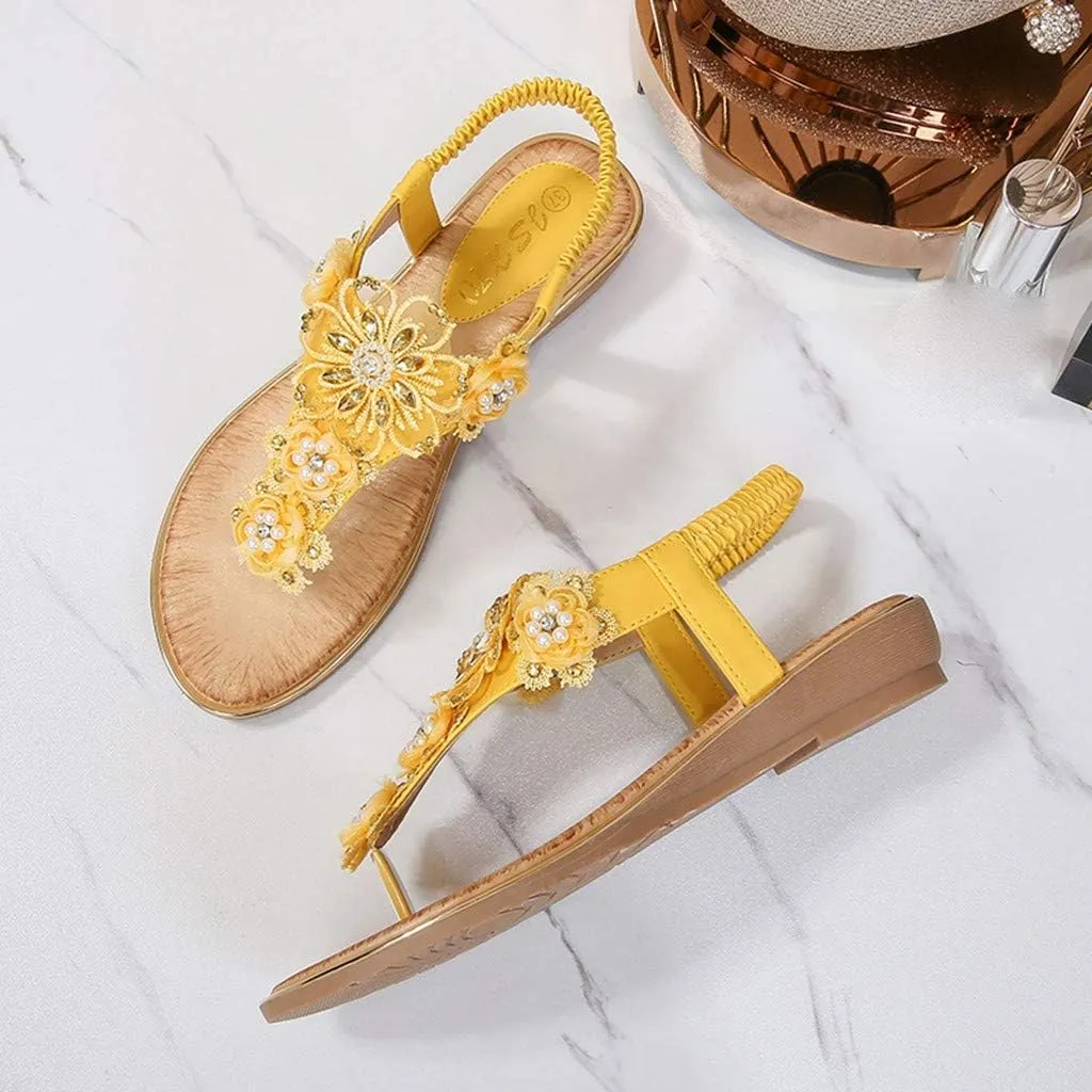 Lady Pearl Flower Sandals for Women Flip Flops Summer Beach Sandals Elegant Clip Toe Sandals Comfy Shoes (Yellow, 8)