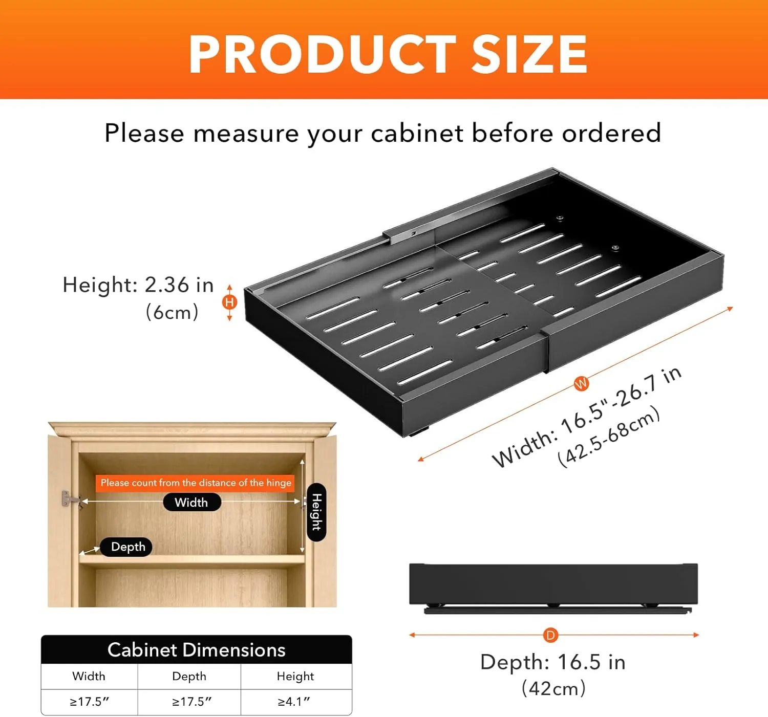 Large Pull Out Cabinet Organizer, No Drill Cabinet Drawers Expandable(16.5"-26.7") Slide Roll Out Shelves Drawers for Kitchen Cabinets, Pots and Pans Organizer Under Cabinet Pantry (Black,1Pcs)