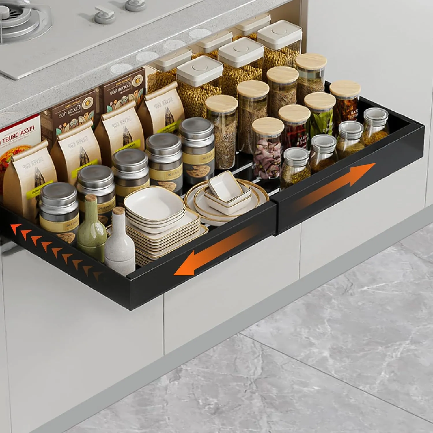 Large Pull Out Cabinet Organizer, No Drill Cabinet Drawers Expandable(16.5"-26.7") Slide Roll Out Shelves Drawers for Kitchen Cabinets, Pots and Pans Organizer Under Cabinet Pantry (Black,1Pcs)