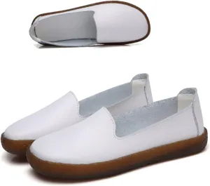 Leather Slip on Loafers for Women Comfortable Round Toe Soft Bottom Driving Work Flat Boat Shoes Breathable Soft Nurse Walking Shoes