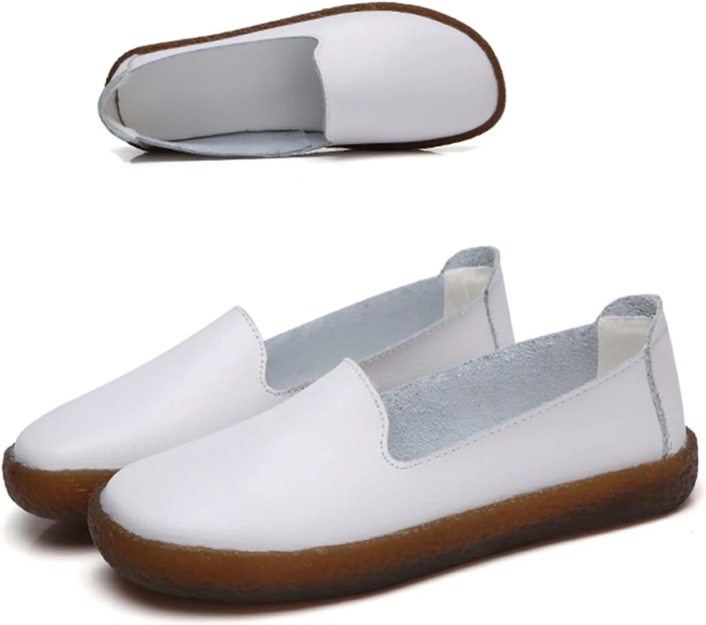 Leather Slip on Loafers for Women Comfortable Round Toe Soft Bottom Driving Work Flat Boat Shoes Breathable Soft Nurse Walking Shoes