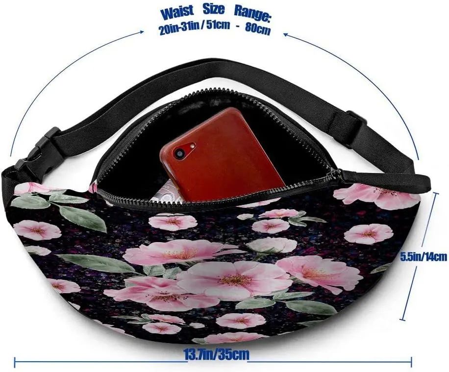 Leisure Sports Crossbody Fanny Pack Waist Bag For Women Men Pink Wild Rose Flowers Clorful Leaf Blossom Beautiful Wallets Belt Bag With Earphone Jack Zipper Bag Phone Bag For Outdoor