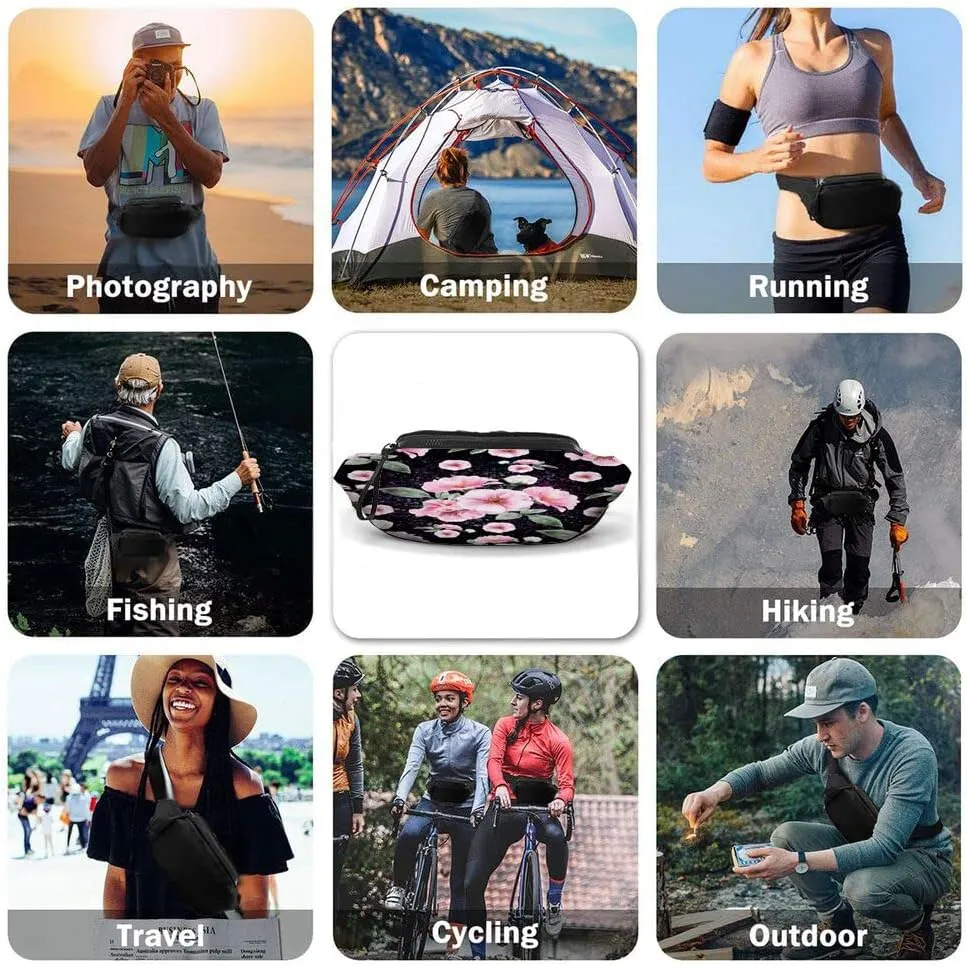 Leisure Sports Crossbody Fanny Pack Waist Bag For Women Men Pink Wild Rose Flowers Clorful Leaf Blossom Beautiful Wallets Belt Bag With Earphone Jack Zipper Bag Phone Bag For Outdoor