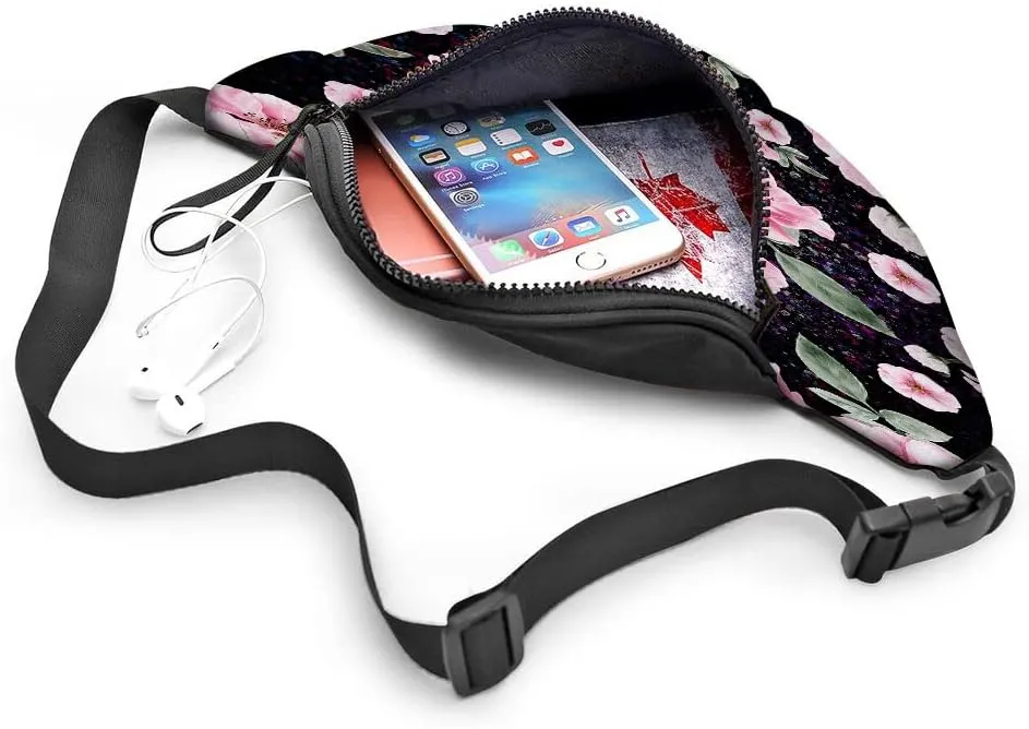 Leisure Sports Crossbody Fanny Pack Waist Bag For Women Men Pink Wild Rose Flowers Clorful Leaf Blossom Beautiful Wallets Belt Bag With Earphone Jack Zipper Bag Phone Bag For Outdoor