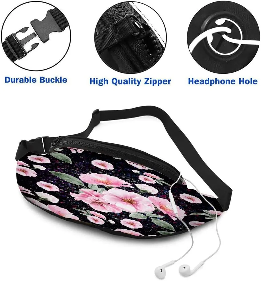 Leisure Sports Crossbody Fanny Pack Waist Bag For Women Men Pink Wild Rose Flowers Clorful Leaf Blossom Beautiful Wallets Belt Bag With Earphone Jack Zipper Bag Phone Bag For Outdoor