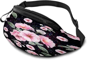 Leisure Sports Crossbody Fanny Pack Waist Bag For Women Men Pink Wild Rose Flowers Clorful Leaf Blossom Beautiful Wallets Belt Bag With Earphone Jack Zipper Bag Phone Bag For Outdoor