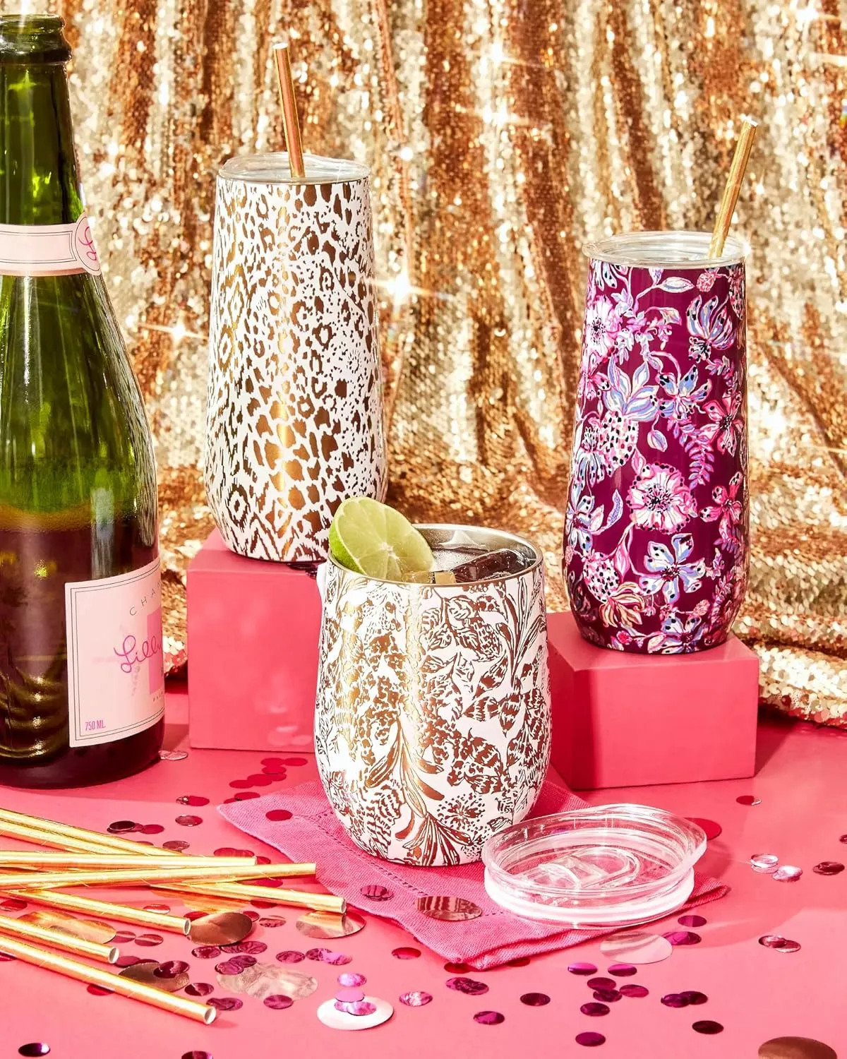Lilly Pulitzer 10oz Stemless Champagne Flute, Small Stainless Steel Tumbler with Lid, Double Wall Insulated Metal Cup, Amarena Cherry