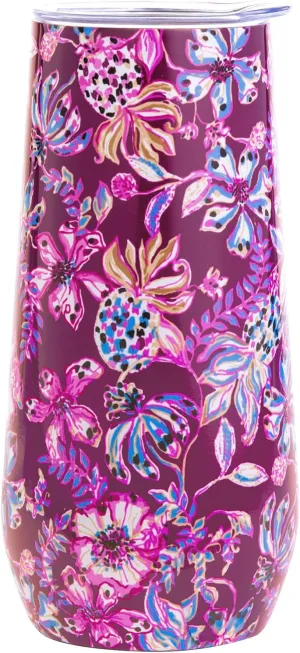 Lilly Pulitzer 10oz Stemless Champagne Flute, Small Stainless Steel Tumbler with Lid, Double Wall Insulated Metal Cup, Amarena Cherry