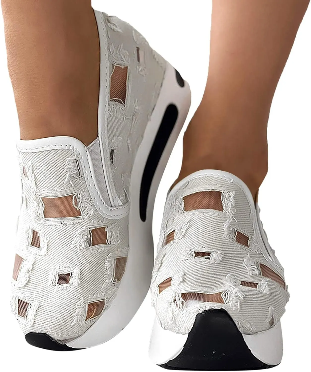 Loafers for Women Platform Wedge Sneakers Floral Embroidery Breathable Mesh Sneakers Lightweight Breathable Slip On Softsole Walking Shoes