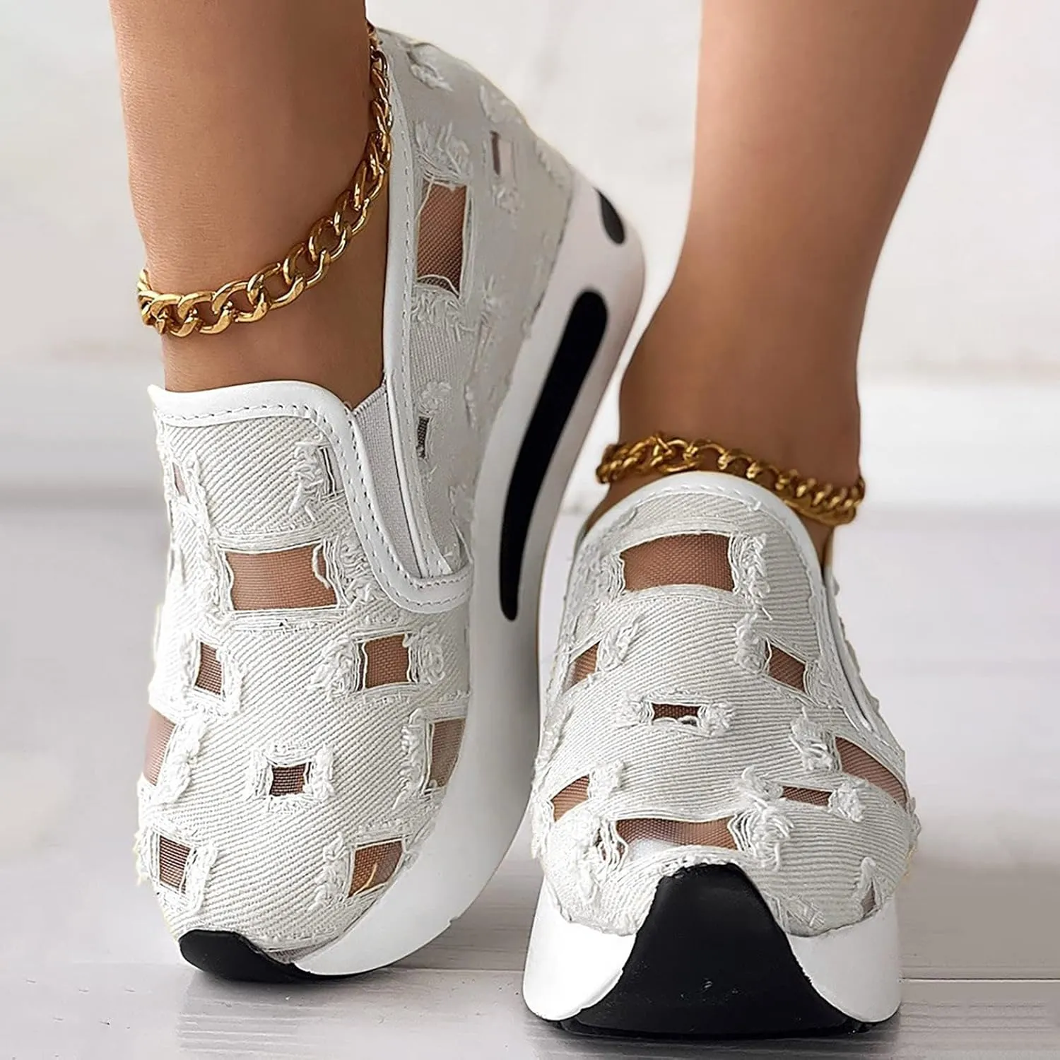 Loafers for Women Platform Wedge Sneakers Floral Embroidery Breathable Mesh Sneakers Lightweight Breathable Slip On Softsole Walking Shoes