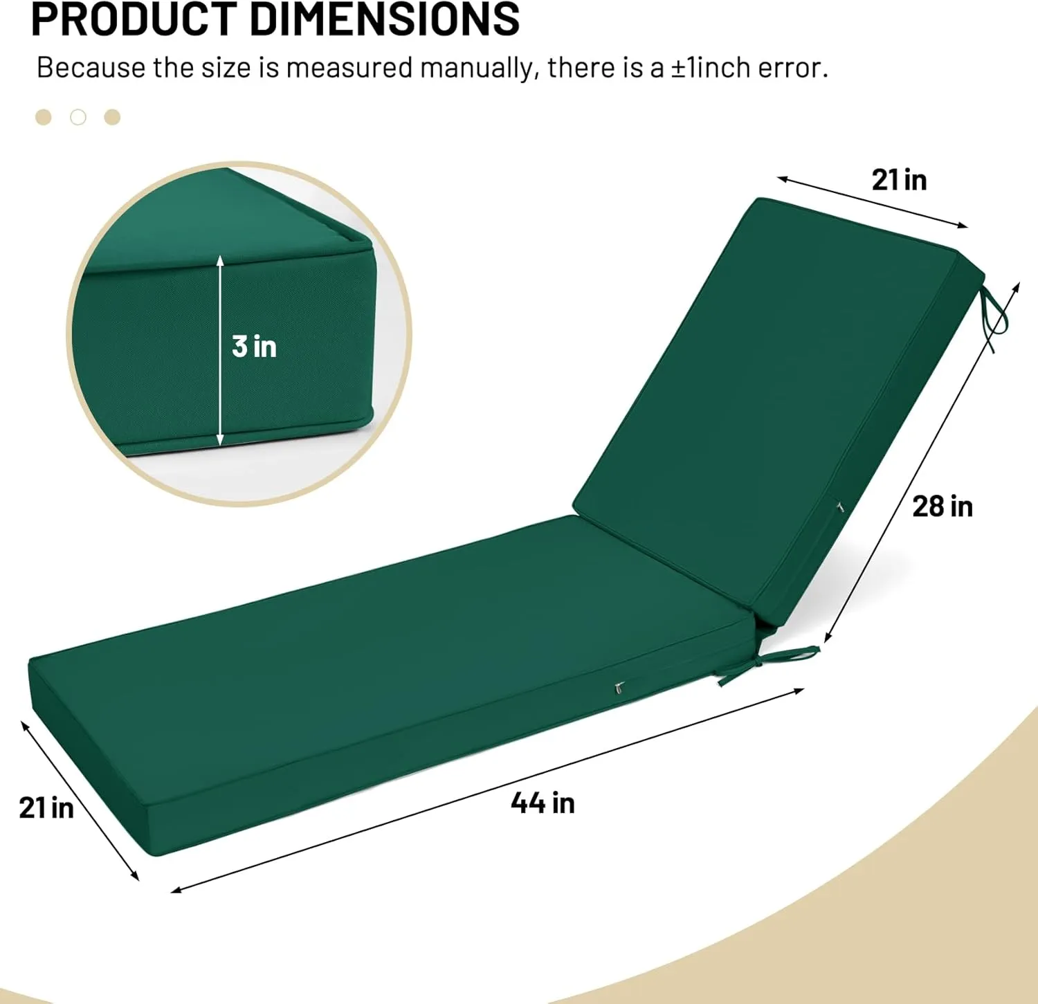 Lokex Chaise Lounge Cushions Outdoor, Waterproof Removable Chaise Lounge Cushion, 72x21x3 Inch Lounge Chair Cushions for Outdoor Furniture Comes with Lace-up Straps and Anti-Slip Bottom