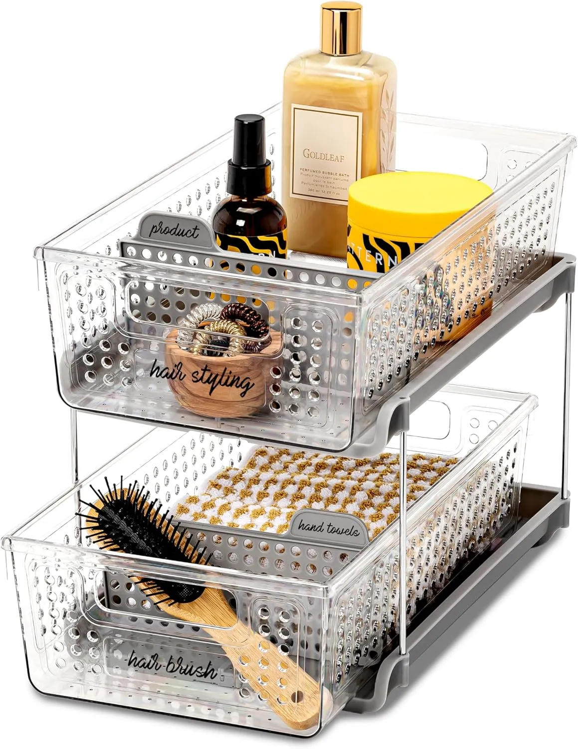 madesmart 2-Tier Organizer Multi-Purpose Slide-Out Storage with Handles and Dividers for Home and Bath, BPA Free, Pack of 1, Clear