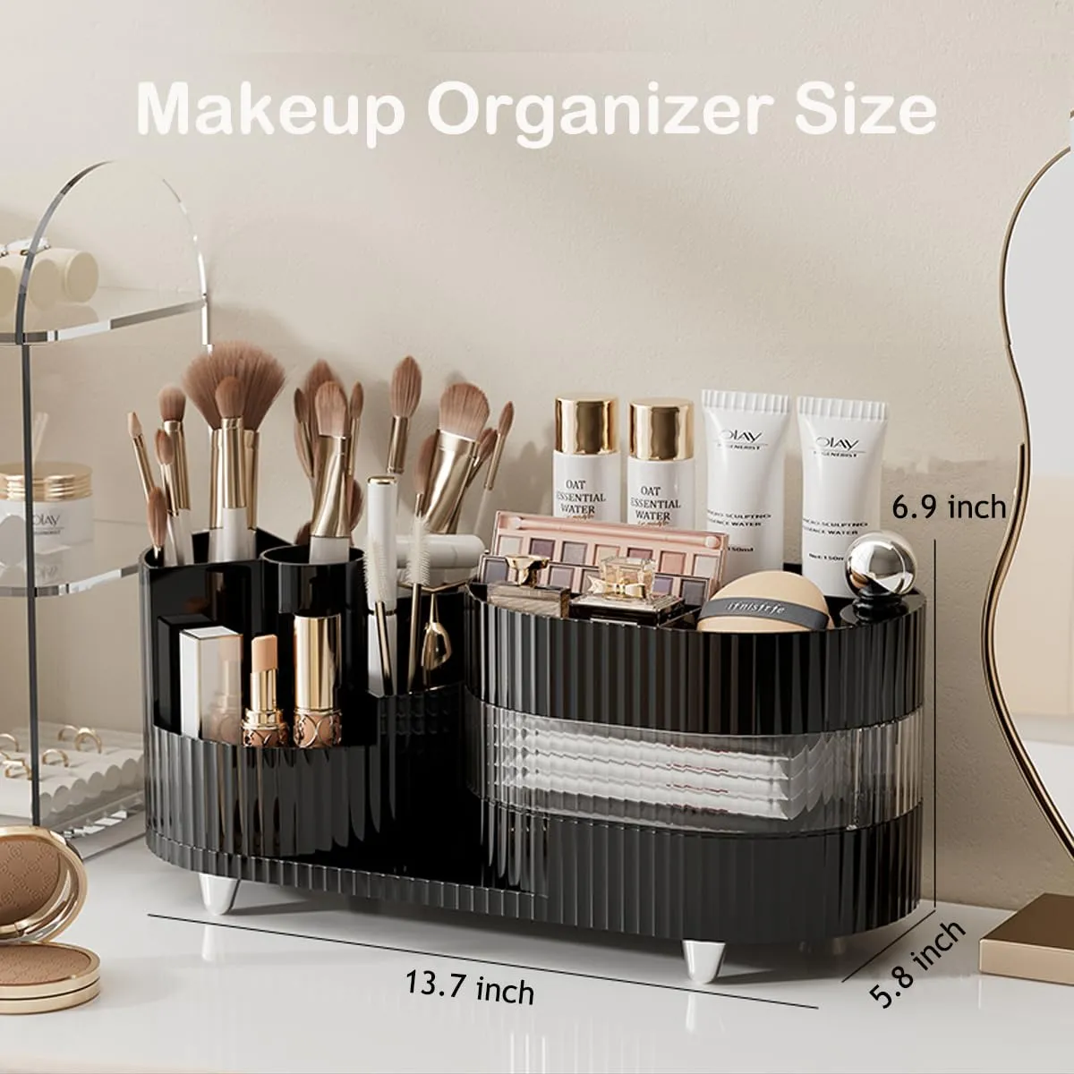 Makeup Organizer Countertop 360°Rotating Makeup Organizer for Vanity - Cosmetic Storage Holder with Makeup Brush Holder and Jewelry Storage (3 Tiers, Black)