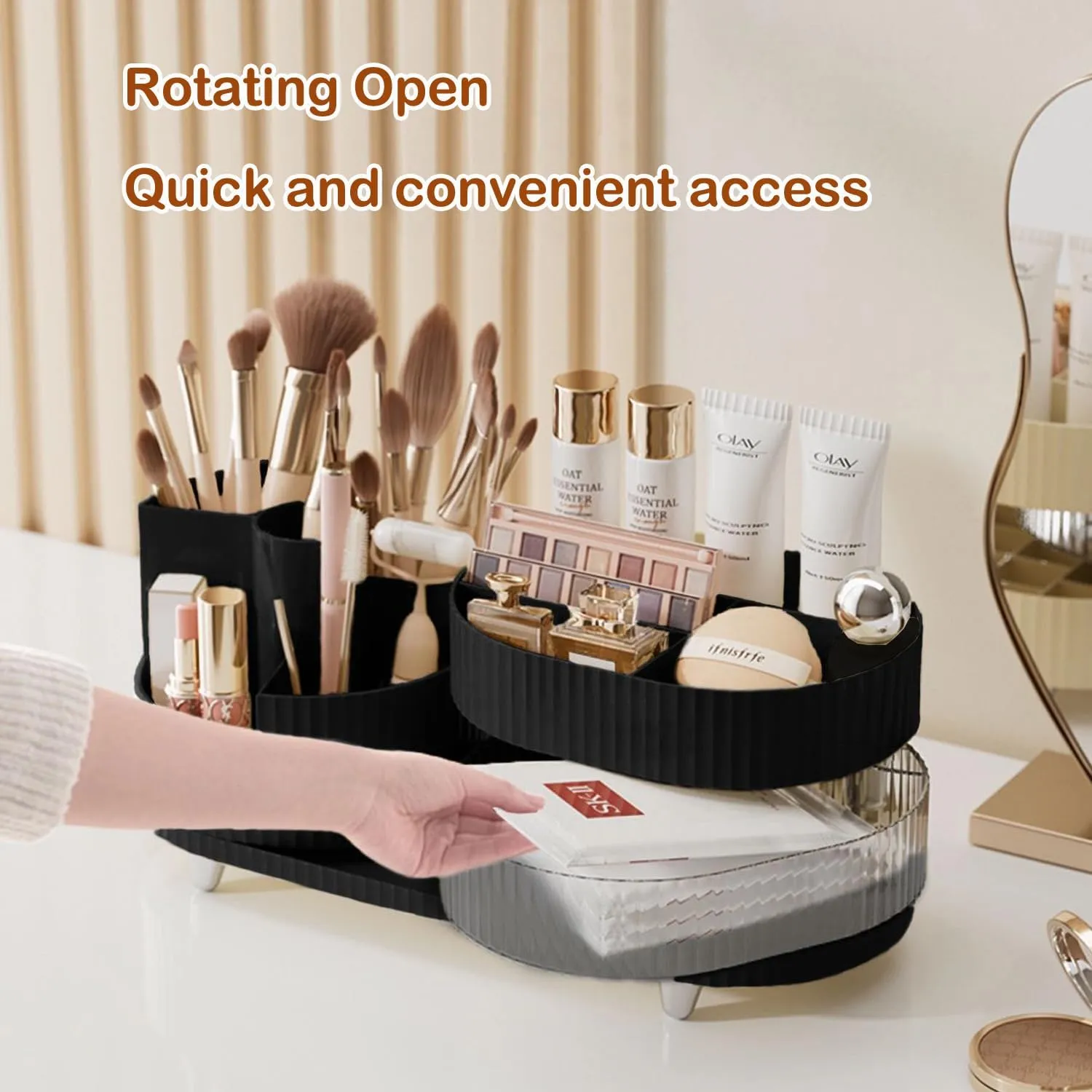 Makeup Organizer Countertop 360°Rotating Makeup Organizer for Vanity - Cosmetic Storage Holder with Makeup Brush Holder and Jewelry Storage (3 Tiers, Black)