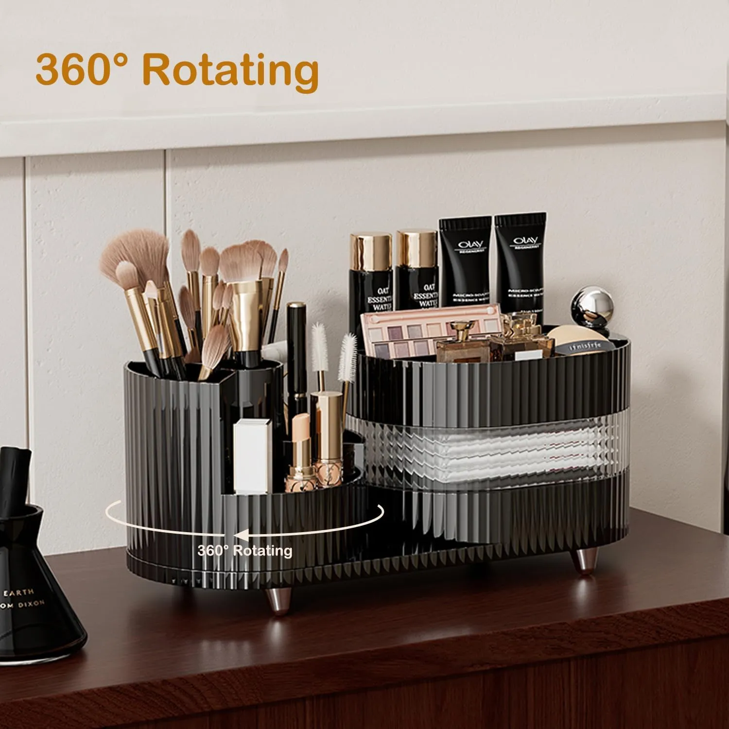 Makeup Organizer Countertop 360°Rotating Makeup Organizer for Vanity - Cosmetic Storage Holder with Makeup Brush Holder and Jewelry Storage (3 Tiers, Black)