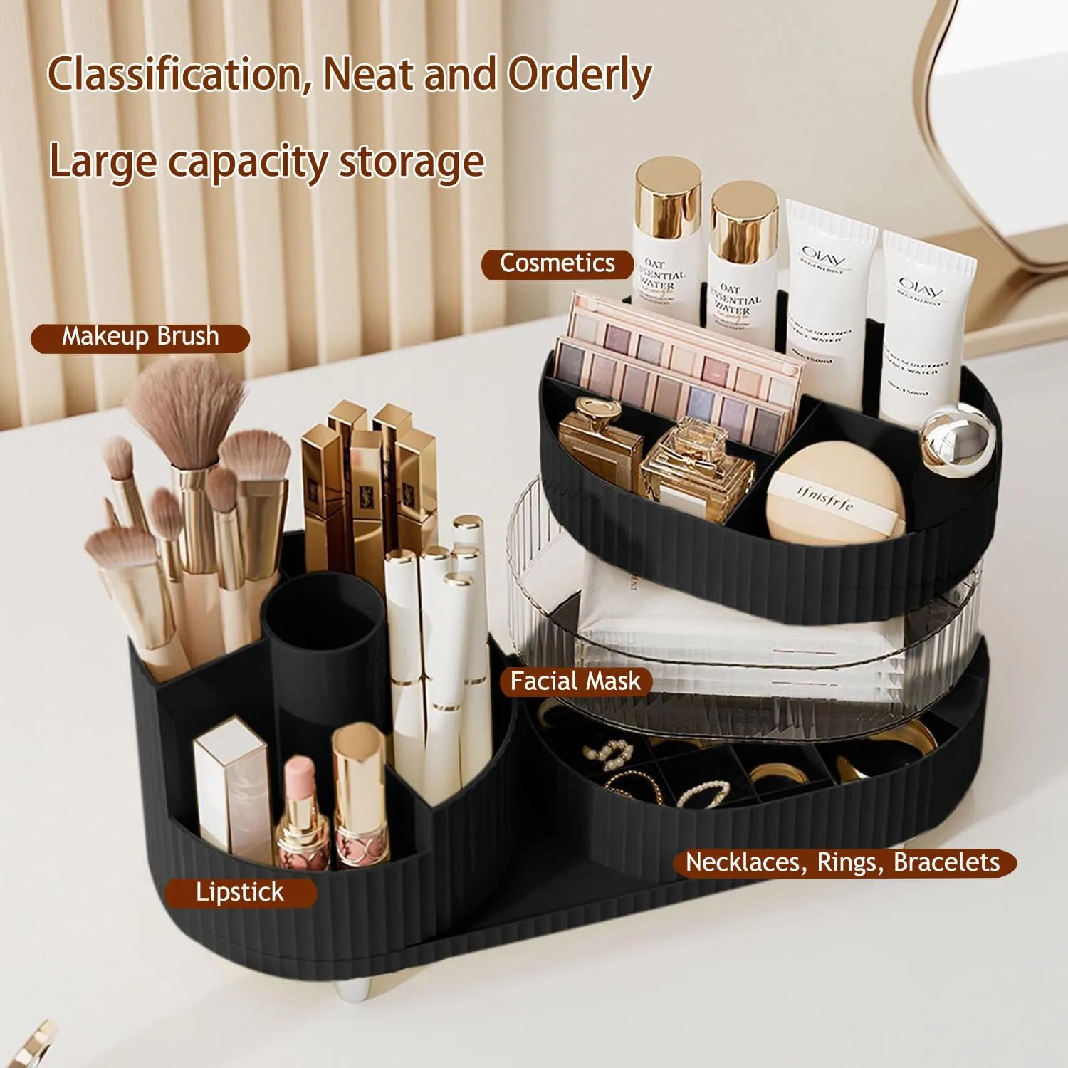 Makeup Organizer Countertop 360°Rotating Makeup Organizer for Vanity - Cosmetic Storage Holder with Makeup Brush Holder and Jewelry Storage (3 Tiers, Black)