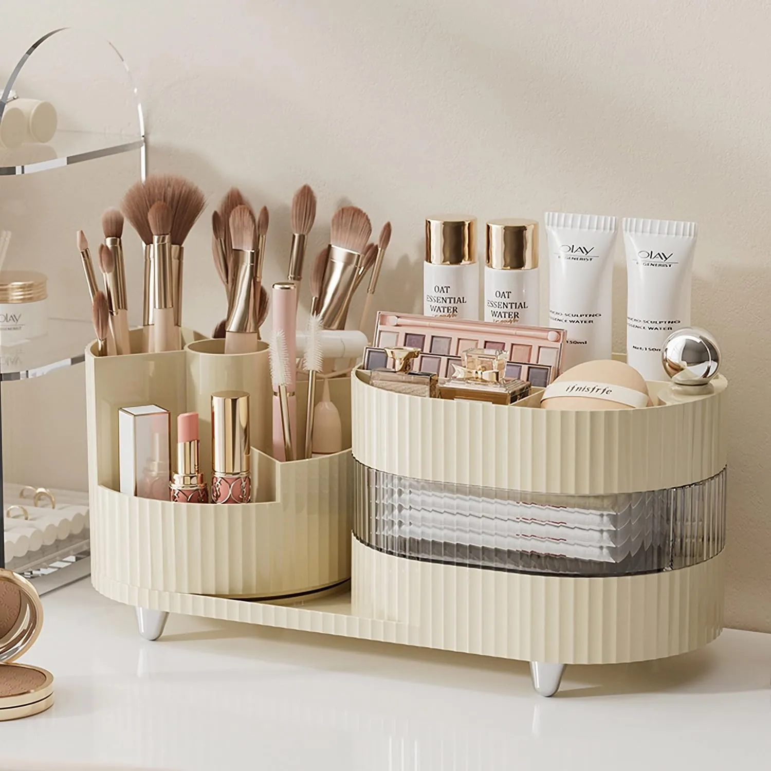 Makeup Organizer Countertop 360°Rotating Makeup Organizer for Vanity - Cosmetic Storage Holder with Makeup Brush Holder and Jewelry Storage (3 Tiers, Cream)