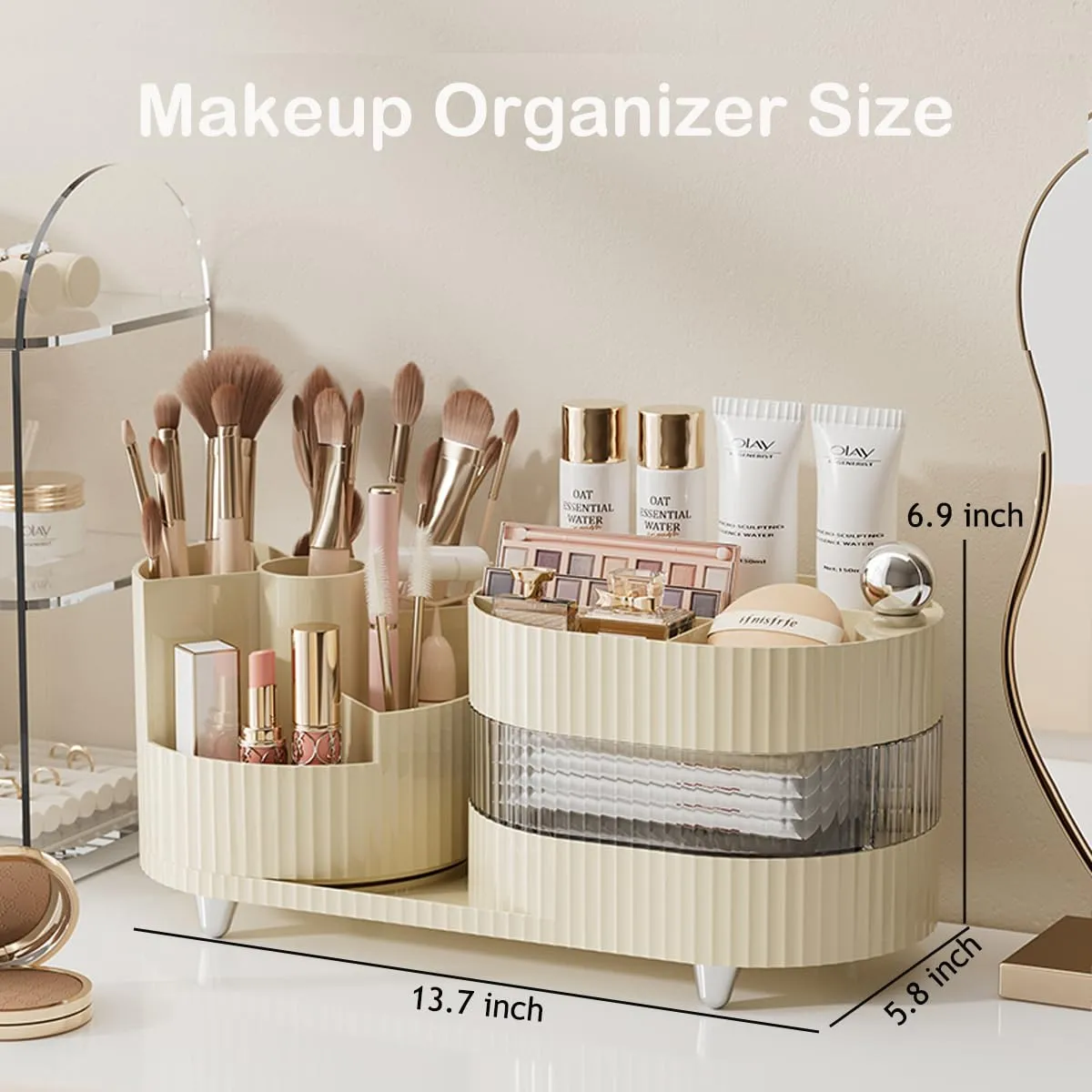 Makeup Organizer Countertop 360°Rotating Makeup Organizer for Vanity - Cosmetic Storage Holder with Makeup Brush Holder and Jewelry Storage (3 Tiers, Cream)