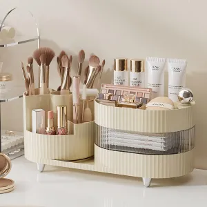 Makeup Organizer Countertop 360°Rotating Makeup Organizer for Vanity - Cosmetic Storage Holder with Makeup Brush Holder and Jewelry Storage (3 Tiers, Cream)