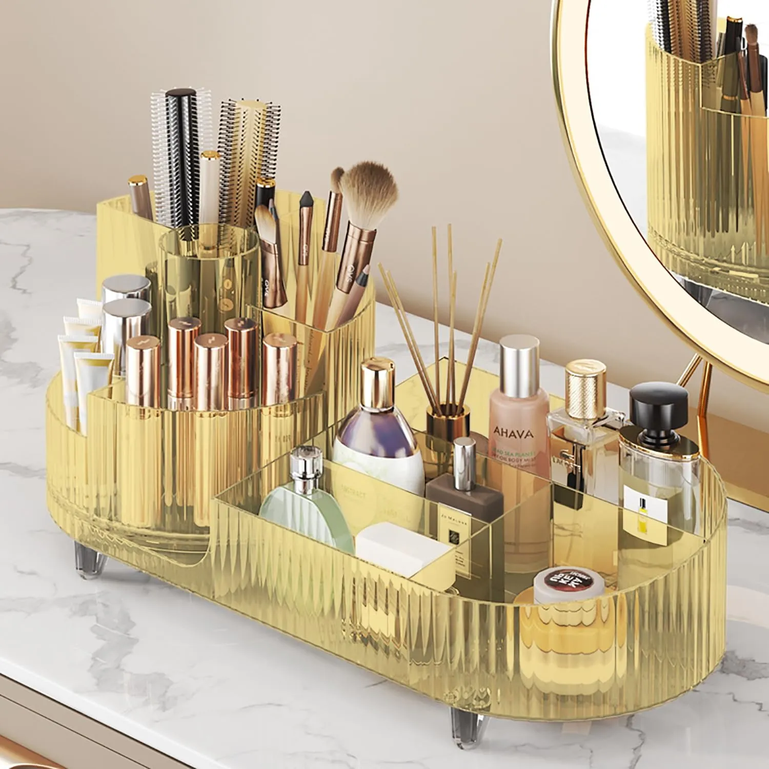 Makeup Organizer Countertop Rotating Makeup Organizer for Vanity Large Capacity Cosmetic Display Case with Makeup Brush Holder Cosmetic Organizer Countertop（Amber