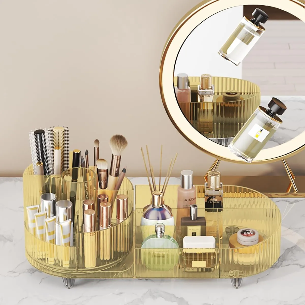 Makeup Organizer Countertop Rotating Makeup Organizer for Vanity Large Capacity Cosmetic Display Case with Makeup Brush Holder Cosmetic Organizer Countertop（Amber