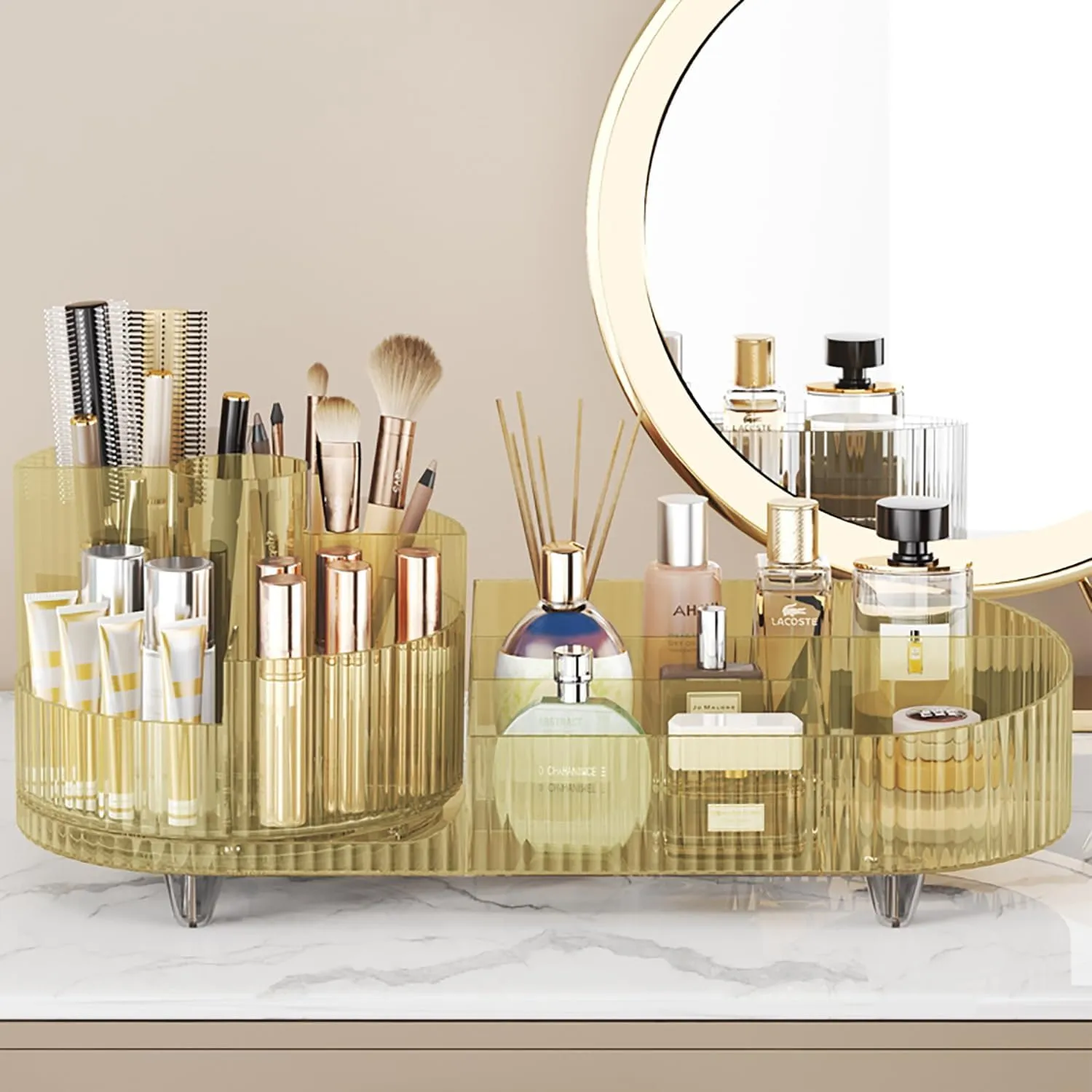 Makeup Organizer Countertop Rotating Makeup Organizer for Vanity Large Capacity Cosmetic Display Case with Makeup Brush Holder Cosmetic Organizer Countertop（Amber