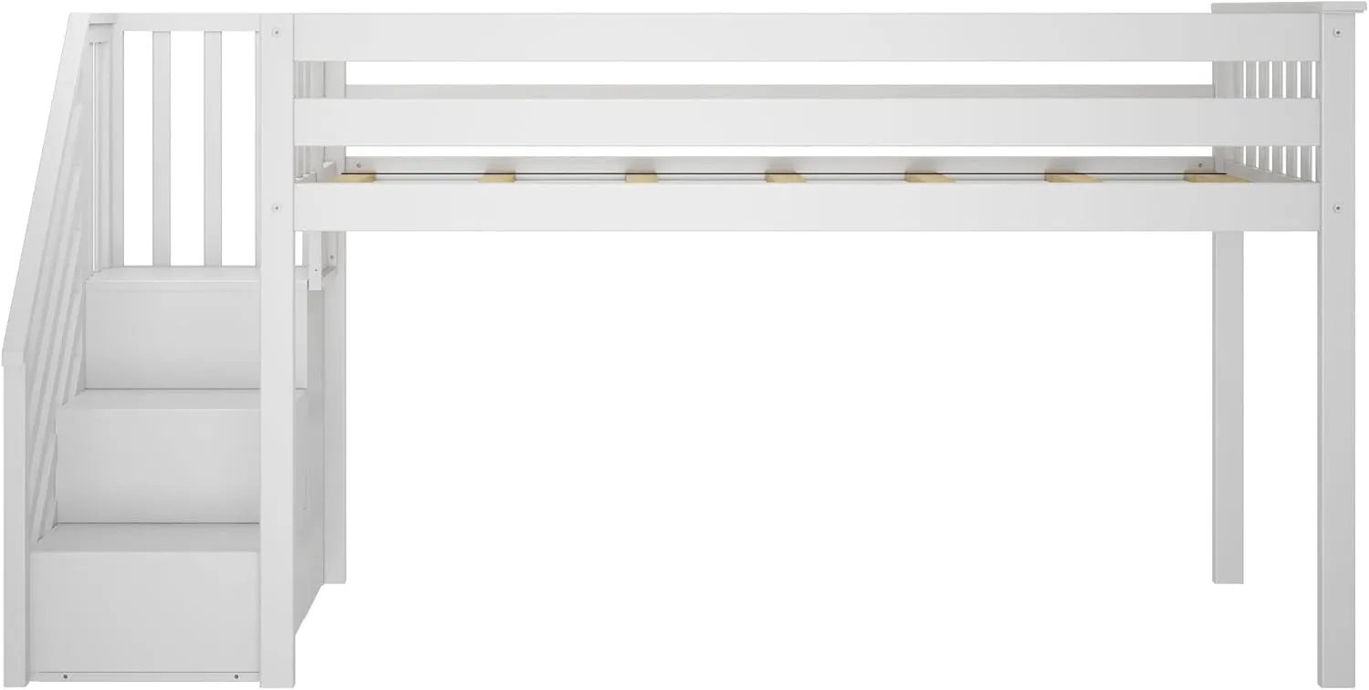 Max & Lily Low Loft Bed, Twin Bed Frame For Kids With Stairs, White