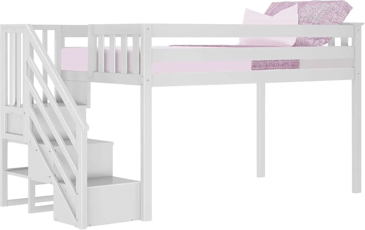 Max & Lily Low Loft Bed, Twin Bed Frame For Kids With Stairs, White
