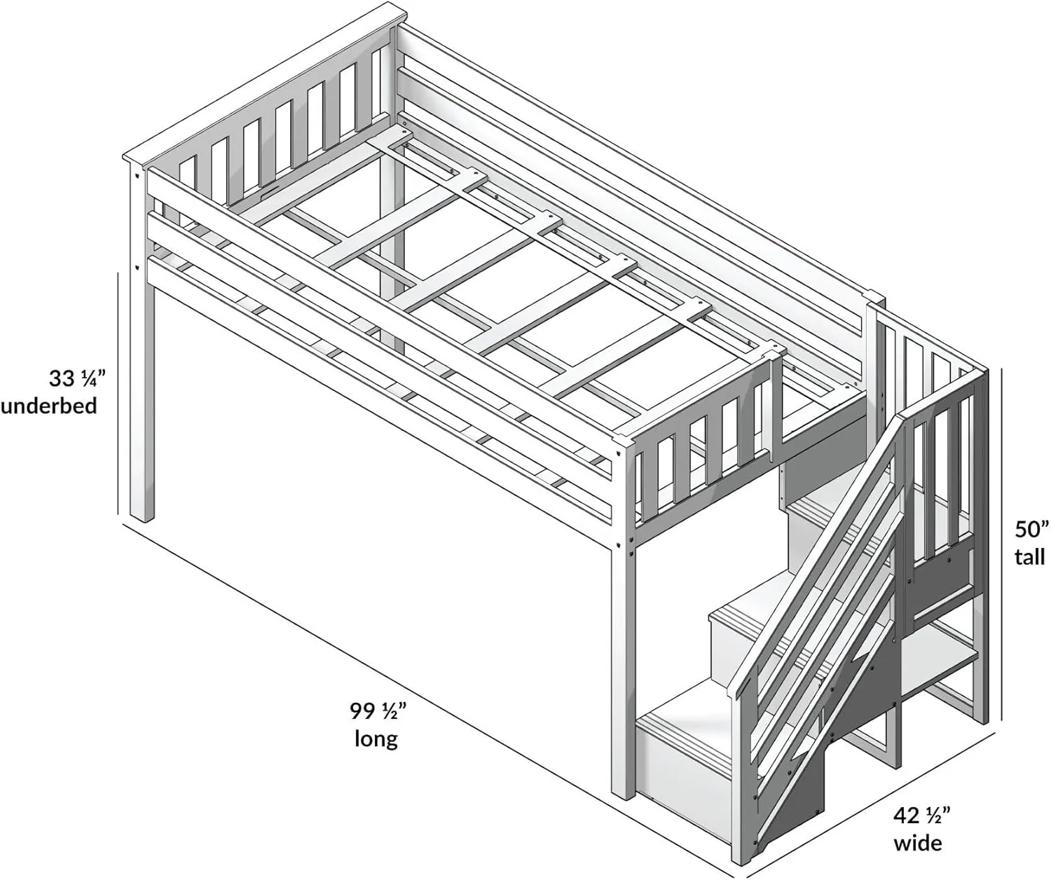 Max & Lily Low Loft Bed, Twin Bed Frame For Kids With Stairs, White