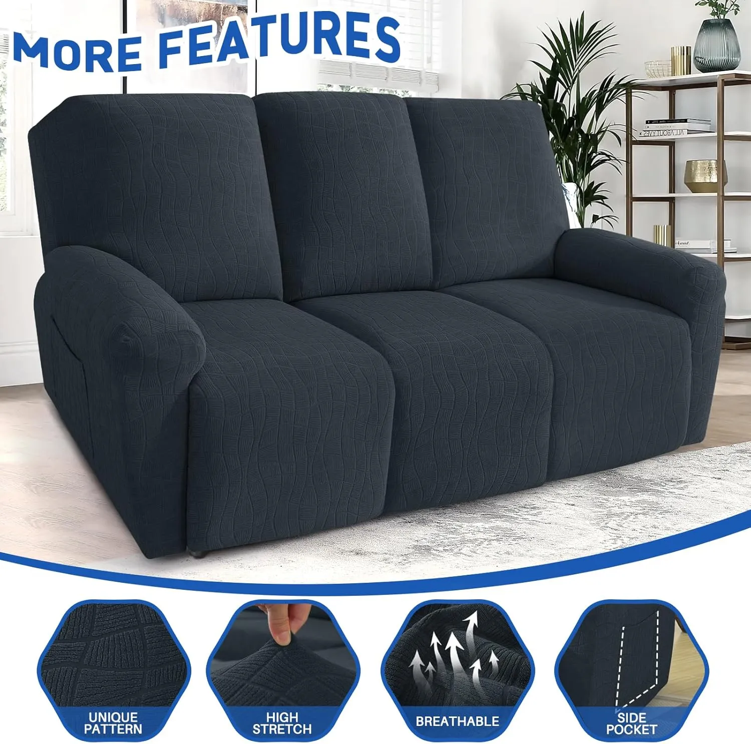 MAXIJIN Waterproof Recliner Couch Cover 5 Pieces Recliner Sofa Covers 3 Seater, Reclining Couch Furniture Protector with Elastic Straps & Pockets for Pet, Kids (Sofa Recliner, Dark Gray)