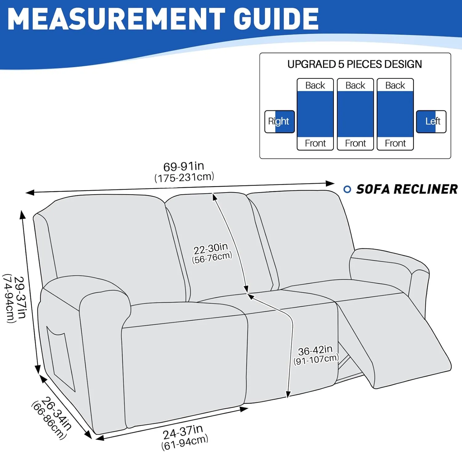 MAXIJIN Waterproof Recliner Couch Cover 5 Pieces Recliner Sofa Covers 3 Seater, Reclining Couch Furniture Protector with Elastic Straps & Pockets for Pet, Kids (Sofa Recliner, Dark Gray)