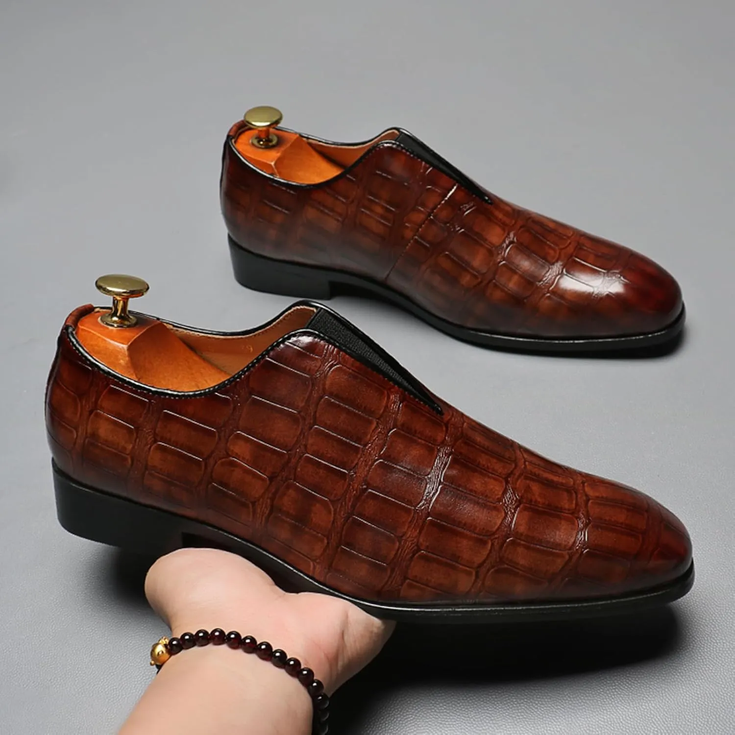 Mens Dress Shoes Leather Loafer, Fashion Crocodile Printed Handmade Dress Shoes Slip on Loafer Shoes for Men