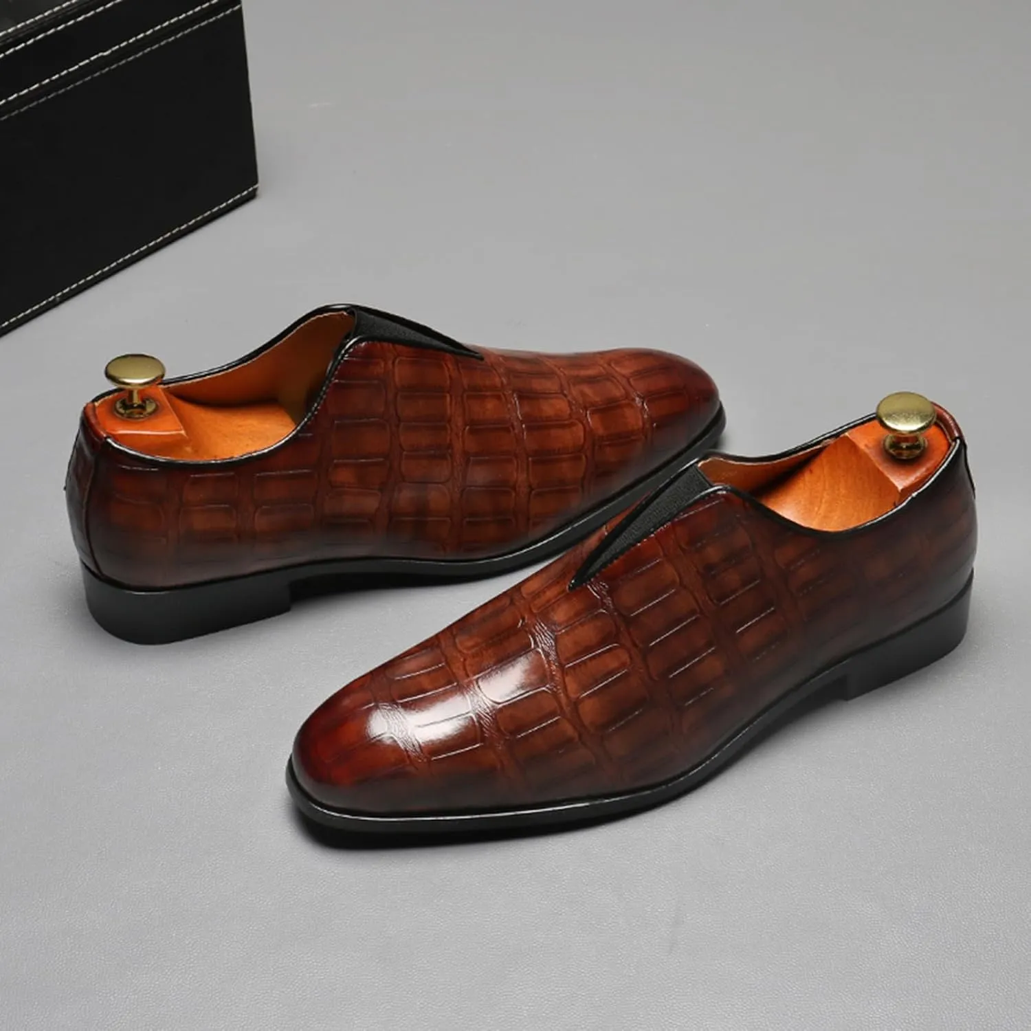 Mens Dress Shoes Leather Loafer, Fashion Crocodile Printed Handmade Dress Shoes Slip on Loafer Shoes for Men