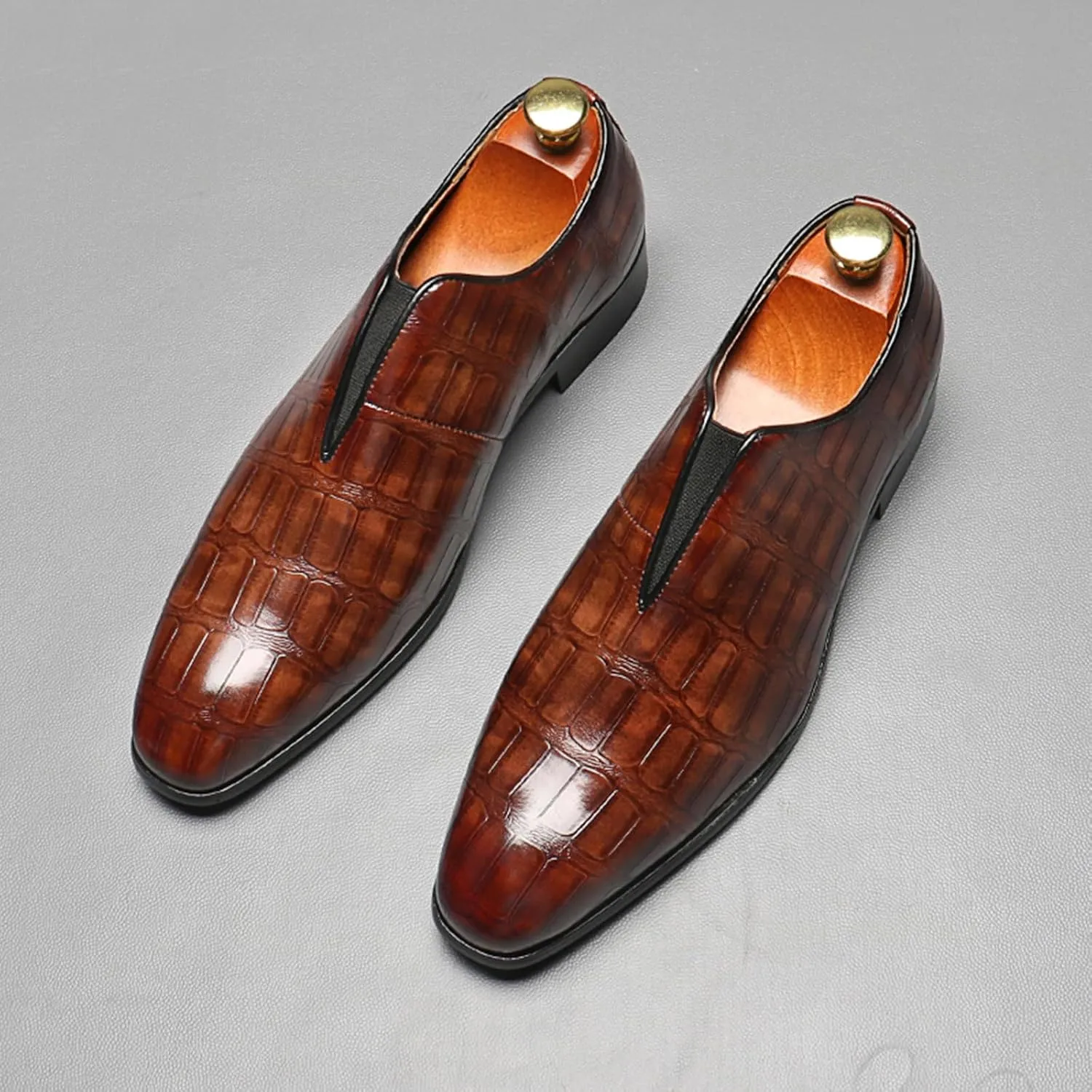 Mens Dress Shoes Leather Loafer, Fashion Crocodile Printed Handmade Dress Shoes Slip on Loafer Shoes for Men