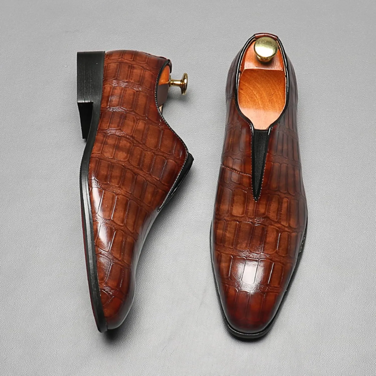 Mens Dress Shoes Leather Loafer, Fashion Crocodile Printed Handmade Dress Shoes Slip on Loafer Shoes for Men