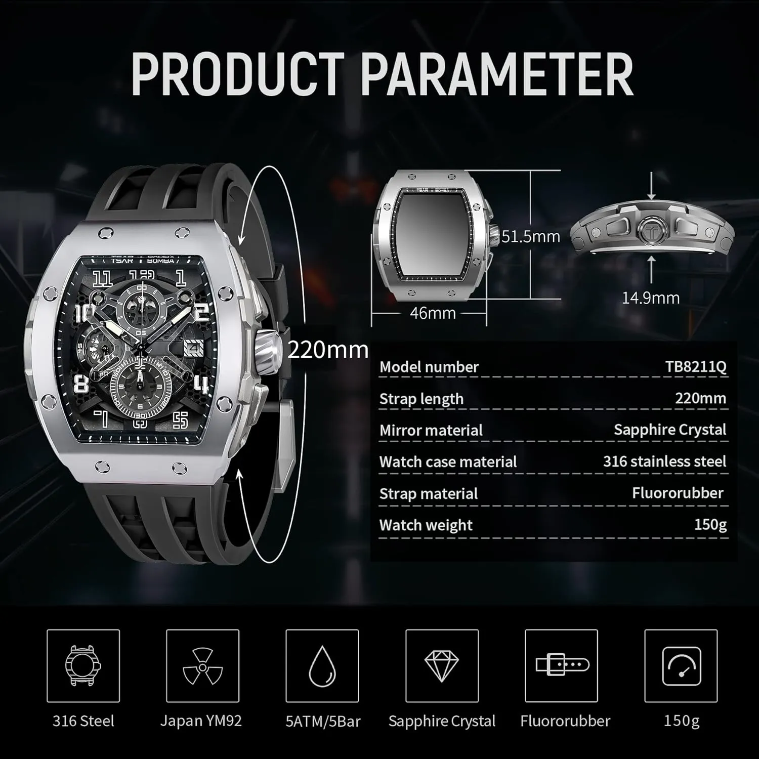 Mens Watches Luxury Tonneau Watches for Men Waterproof 50M Analog Replica Watch Chronograph Calendar Date Men’s Dress Business Work Watch Diver Large Square Face Wristwatch