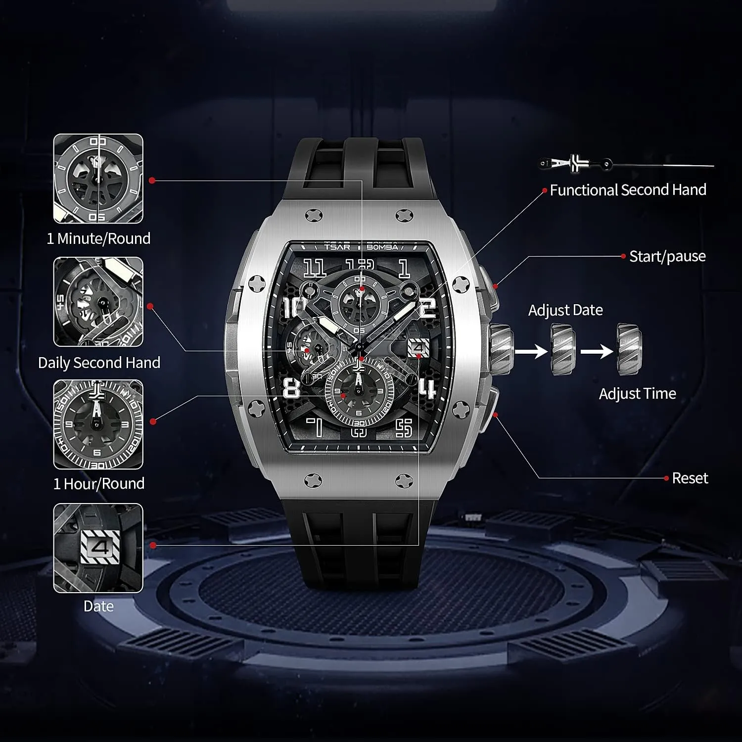 Mens Watches Luxury Tonneau Watches for Men Waterproof 50M Analog Replica Watch Chronograph Calendar Date Men’s Dress Business Work Watch Diver Large Square Face Wristwatch