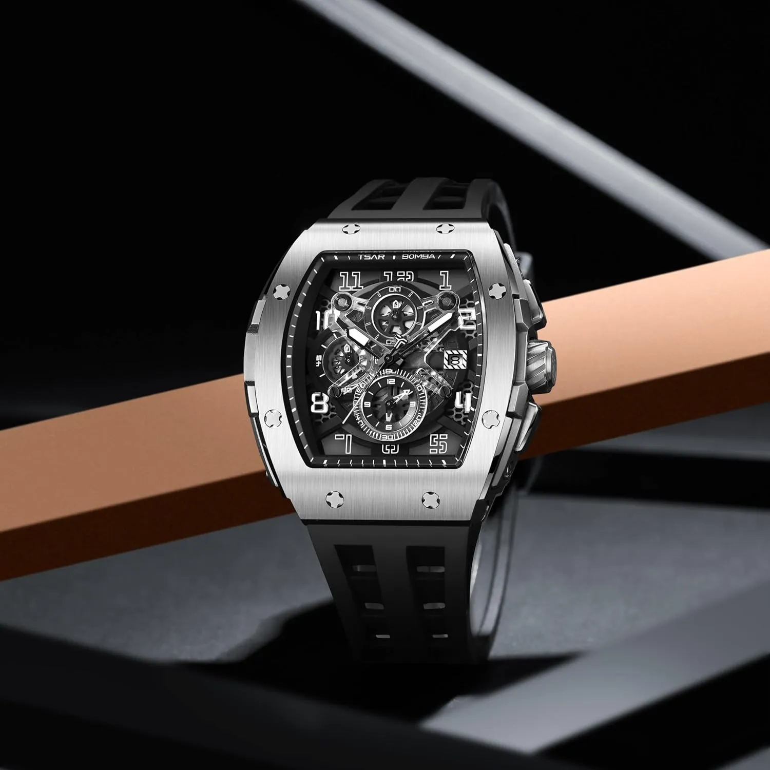 Mens Watches Luxury Tonneau Watches for Men Waterproof 50M Analog Replica Watch Chronograph Calendar Date Men’s Dress Business Work Watch Diver Large Square Face Wristwatch