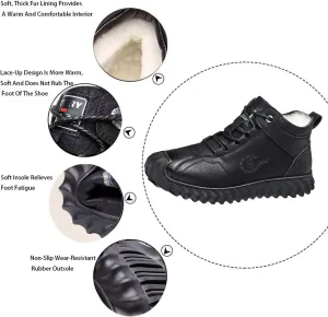 Men's Winter Fleece Warm Snow Boots Leather Ankle Booties,Casual Lace Up Sneakers Non-Slip Waterproof Walking Hiking Shoes