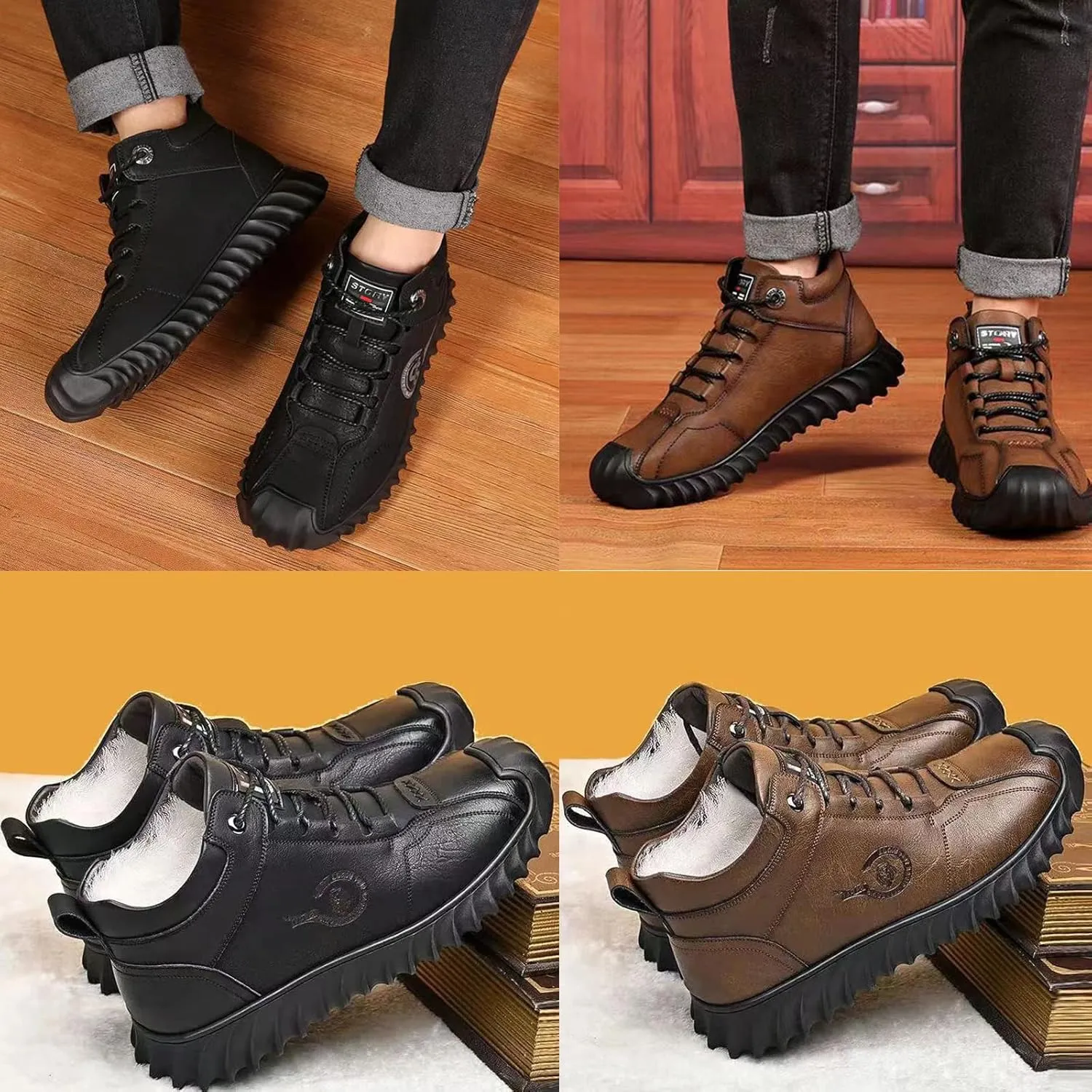 Men's Winter Fleece Warm Snow Boots Leather Ankle Booties,Casual Lace Up Sneakers Non-Slip Waterproof Walking Hiking Shoes