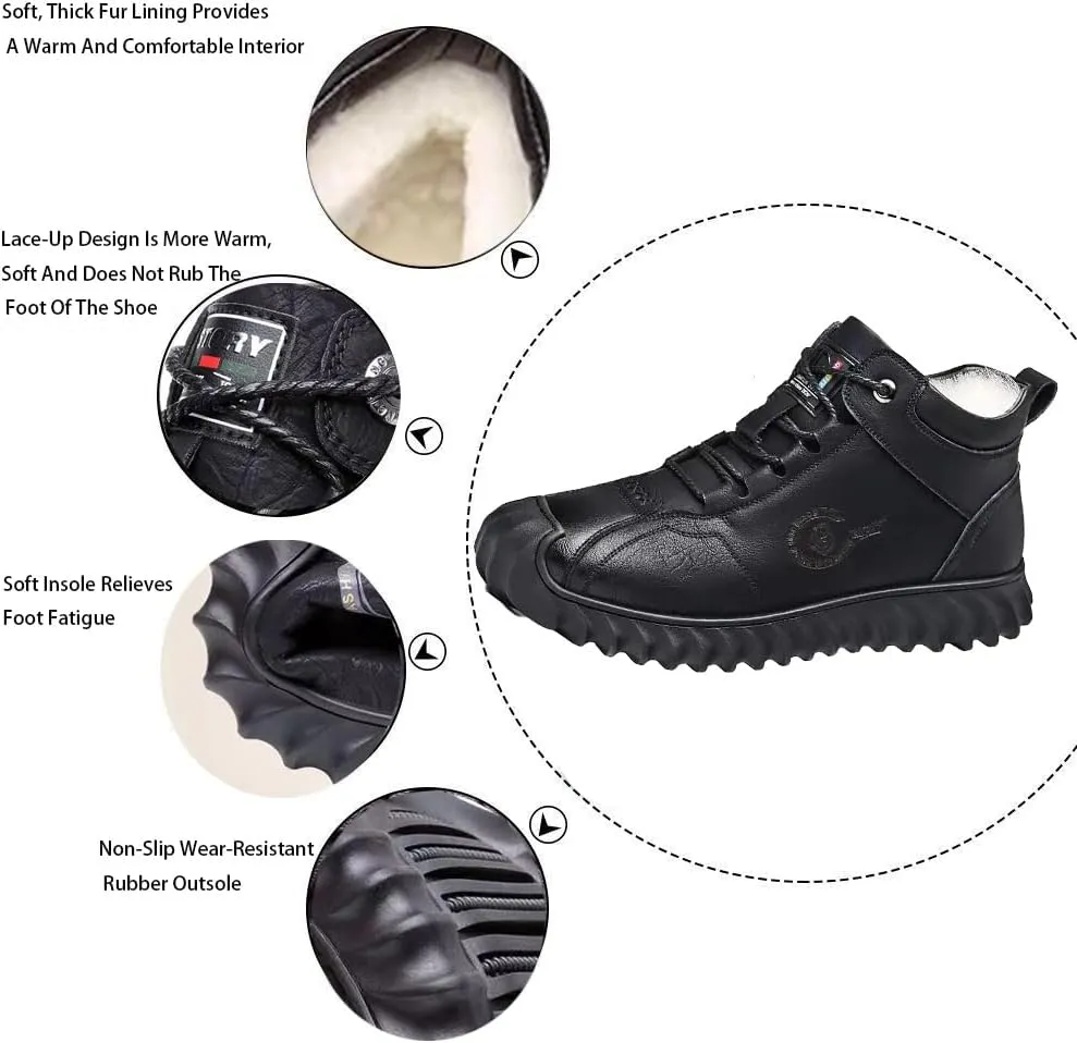 Men's Winter Fleece Warm Snow Boots Leather Ankle Booties,Casual Lace Up Sneakers Non-Slip Waterproof Walking Hiking Shoes