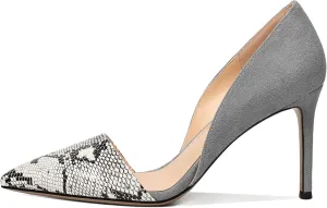 Mettesally Women Stiletto Heels Snakeskin Slip On Pointed Toe Pumps Closed Toe High Heel Dress Shoes for Wedding Party Office