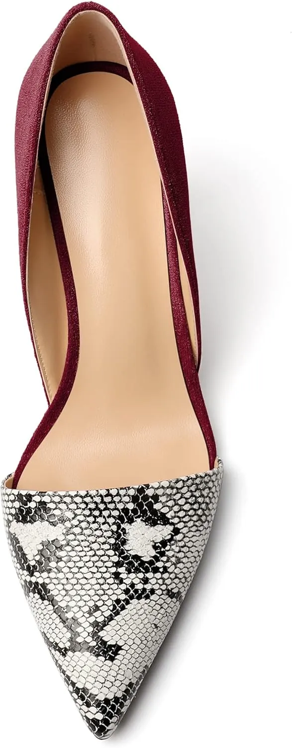 Mettesally Women Stiletto Heels Snakeskin Slip On Pointed Toe Pumps Closed Toe High Heel Dress Shoes for Wedding Party Office